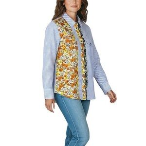 Tory Burch Blue Striped Shirt with Yellow Floral Panel